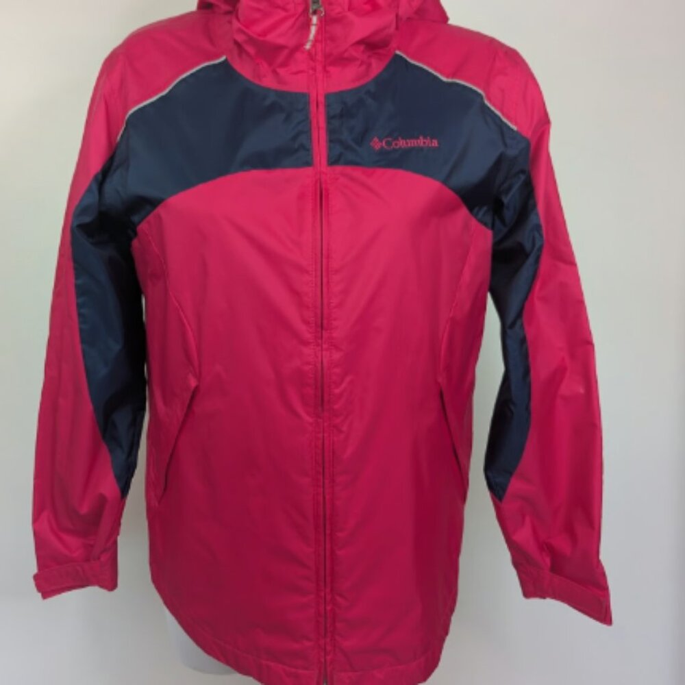 Columbia Raincoat Kids Pink Blue Large Shell Hood Lightweight Full Zip Pockets